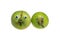 Trendy ugly food concept. Two green funny apples with eyes isolated on white background. Fruit with a strange shape.