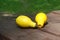 Trendy Ugly fruits. Strange shape lemons on wooden table outdoor, green garden background.