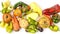 Trendy Ugly Organic Vegetables: potatoes, carrots, cucumber, peppers, chili, eggplant and tomatoes on white background, ugly food