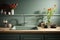 Trendy, upscale kitchen boasting a sage green counter cabinet, sink, and induction