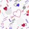 Trendy Valentine`s Day geometric seamless pattern for happy celebration with holiday symbols in retro 80s, 90s style