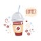 Trendy vector illustration of a plastic take away coffee cup with a cap, straw and a speech bubble on white background with doodle