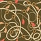 Trendy vintage seamless pattern with gold chains, tassels, belts and rope on khaki background.