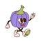 Trendy Vintage spooky purple pumpkin cartoon character. Retro walking mascot. Contour hand drawn vector illustration.