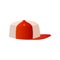 Trendy white and red baseball cap close up side view