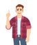 Trendy young man pointing hand index finger up. Stylish happy person showing, gesturing or making one sign with hand. Male