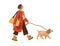 Trendy young woman walking with dog. Pet owner strolling with cute puppy on leash. Hand-drawn colored flat vector