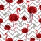 Trendy zigzag lines print embroidered red roses and flamingo seamless pattern