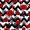 Trendy zigzag lines print embroidered red roses and flamingo seamless pattern
