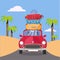 Treveling by red car with pile of luggage bags on roof near beach with palms. Summer tourism, travel, trip. Flat cartoon 