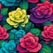 Triadic Neon Gardenia Rows: A Pop Art Inspired Colored Roses Seamless Pattern