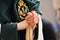 Triana nazarene, woman with rosary in her hands, brotherhood of Hope, Holy Week in Seville, Andalusia, Spain