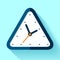 Triangle clock icon in flat style, timer on blue background. Simple watch. Vector design element for you business projects