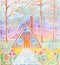 Triangle country house in garden, where flowers and pines grow. Colorful hand drawn illustration by colored pencils