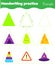 Triangle form objects. Handwriting practice. geometric shapes for kids. Educational worksheet for children and toddlers.