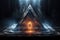 A triangle with a glowing light inside of it. Mystical pyramid is associated with supernatural or mystical beliefs.