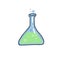 Triangle Test tube vector color outline sketch icon isolated on white background. Hand drawn bulb with green bubble liquid . Flask