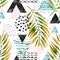 Triangles with palm tree leaves, doodle, marble, grunge textures