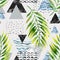Triangles with palm tree leaves, doodle, marble, grunge textures, geometric shapes in 80s, 90s minimal style.