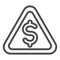 Triangular line icon. Danger, warning signal with dollar symbol, outline style pictogram on white background. Money sign