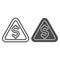 Triangular line and solid icon. Danger, warning signal with dollar symbol, outline style pictogram on white background