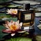 Triangular perfume by prada in simple light and shadow with a water lily flower in the background