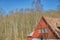 Triangular red facade of a typical Swedish countryside house with pitched or pointed roof. Red exterior on Nordic rural farmhouse