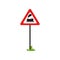 Triangular road sign with train without barrier . Railroad crossing ahead. Flat vecrtor element for mobile game or book