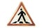 Triangular rusty ginger border road sign `Pedestrian crossing`