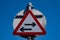 Triangular traffic sign warning of two way traffic ahead Ellesmere Port Cheshire July 2020