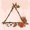 Triangular vintage frame made of branches with roses and flower buds. Decorative element for design work in the boho style