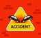Triangular yellow car accident sign. head-on collision of vehicles on the road.