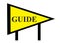 A triangular yellow guide signage with a pair of black supports white backdrop