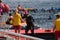 Triathletes end the swin stage of a London triathlon