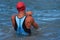 Triathlon swimming sport man start swim time checking