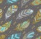 Tribal feathers pattern in grey, gold and blue colors. Vector creative illustration