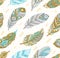 Tribal feathers pattern in grey, gold and blue colors. Vector illustration