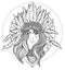 Tribal Fusion Boho Diva. Black and white illustration of Native American Indian girl in traditional feather headdress bonnet