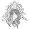 Tribal Fusion Boho Diva. Black and white illustration of Native American Indian girl in traditional feather headdress bonnet