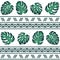 Tribal hawaiian tropical geometric seamless pattern with horizontal lines of green monstera leaves and aboriginal ornament