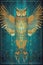 Tribal owl spirit, decorative symmetrical golden green tribal pattern, AI generative