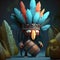 tribal shaman in a jungle, with a drum and a feather headdress digital character avatar AI generation