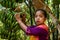 A tribal teenage girl is collecting bananas from a deep forest