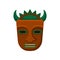 Tribal Tiki mask with green horns and big teeth. Ritual symbol. Flat vector element for mobile game or promo flyer or