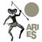 Tribal zodiac. Aries. Man with ram head and spear in hand dancing a tribal dance