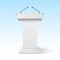 Tribune podium rostrum speech stand. Conference stage with microphone, press or debate speaker isolated orator pulpit