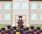 Tribune speech students crowd female graduate solemn character flat design vector illustration