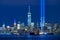 Tribute in Light with skycrapers of Financial District at night. Lower Manhattan, New York City