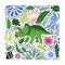 Triceratops green, prehistoric dinosaurs collection. Ancient animals. Hand drawn. In a frame of flowers and leaves