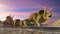 Triceratops horridus group, group of dinosaurs at the beach 3d science rendering banner